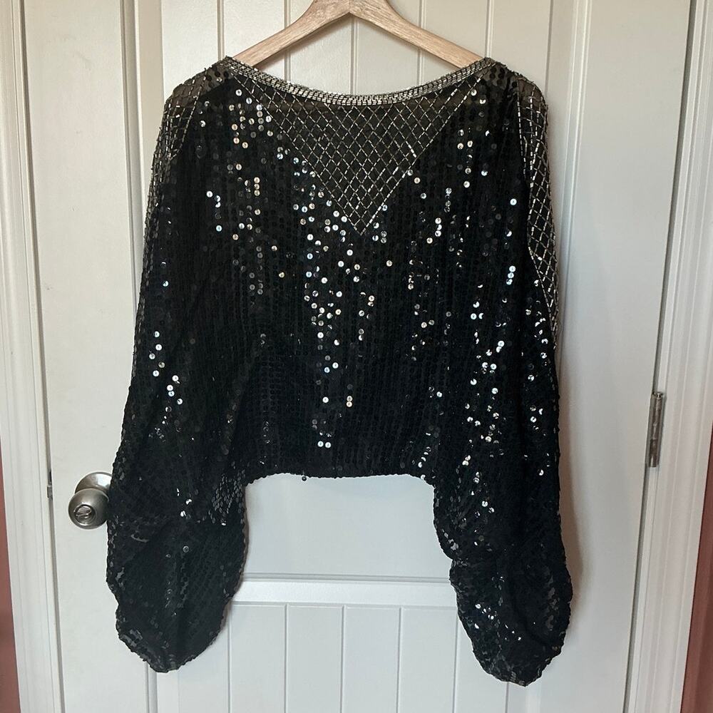 Vintage Argenti Sequin and Beaded Silk Dolman Top Large Silver/Black